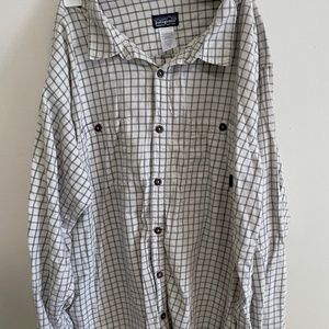 Patagonia Long Sleeve Button Down, Off-White and Blue Striped, Size Medium